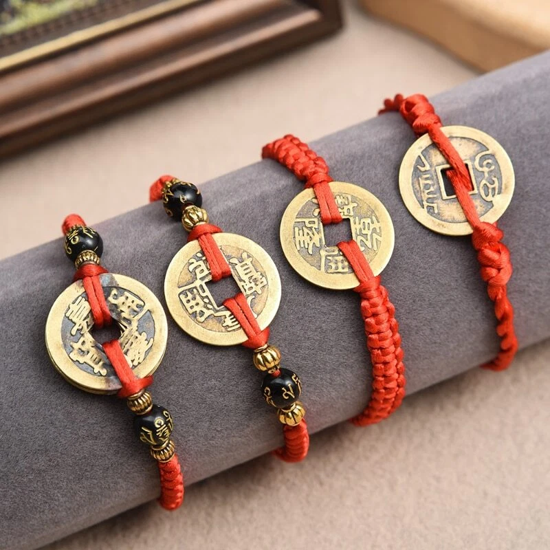 Bangle Lucky Red String Feng Shui Copper Coin Bracelet Handmade