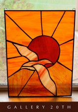 BEAUTIFUL! MID CENTURY MODERN STAINED GLASS BIRD & SUNSET! GULL ORANGE 70'S VTG