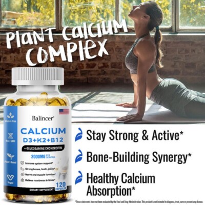 Calcium Capsules VitaminD3 +K2+B12 Bone Health Improve lmmune System 120 CT