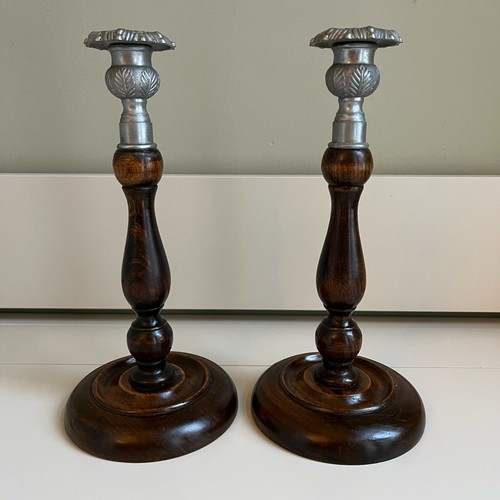 Pair Vintage Oak Candlesticks Antique Dinner Candle Holders Wooden