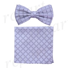Men's microfiber Pre-tied Bow Tie  hankie set Silver plaids  checkers formal