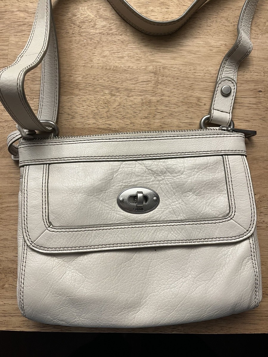 Authentic Fossil Off White Leather Cross Body Shoulder Bag W/ Key