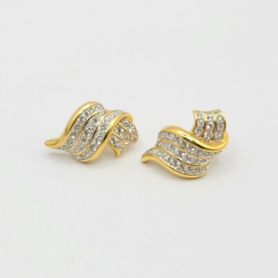 Vtg Earrings Ribbon Rhinestones Jewelry Post Pierced Gold Plated Glam Glitz 