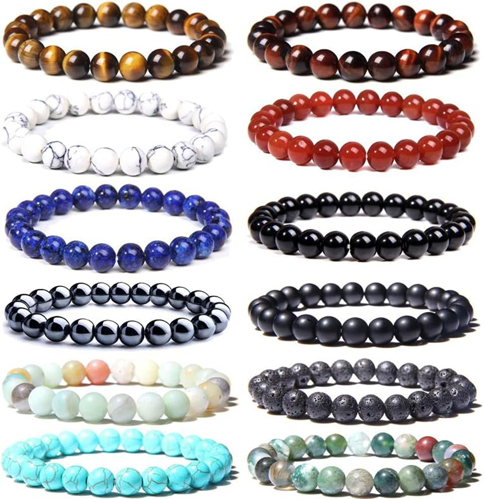 12-Piece 8mm Stretch Bracelet Set in Semi-Precious Gemstones & Crystals
