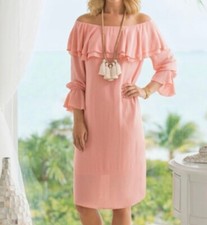 soft surroundings Pink Bossa Nova dress Tea Off The Shoulder 3/4 Sleeve SZ S
