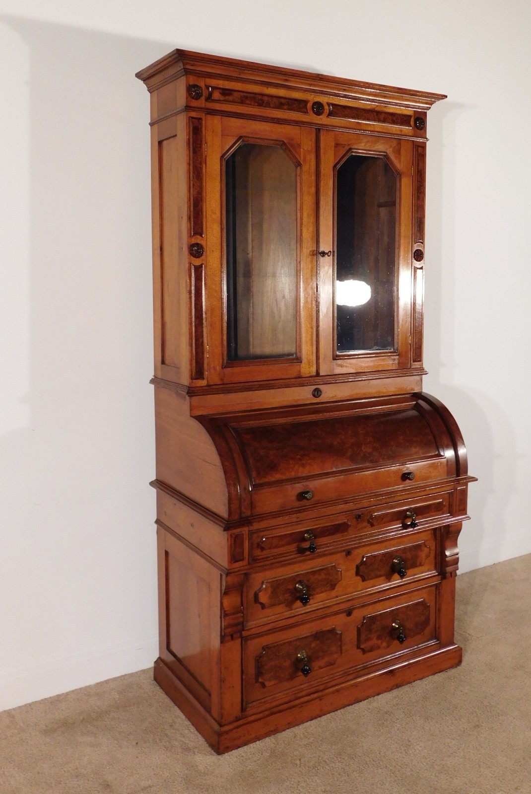 ANTIQUE 1880s Victorian Eastlake Burled Walnut Cylinder Secretary Bookcase Desk