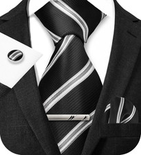 TIE G Stripe Plaid Mens Ties Set in Black Gift Box: Necktie and Pocket Square, C