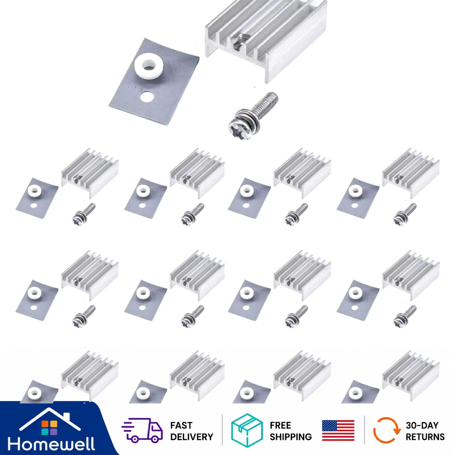 Complete 12-Pack Aluminum TO-220 Heatsink & Mounting Kits for Voltage Regulation