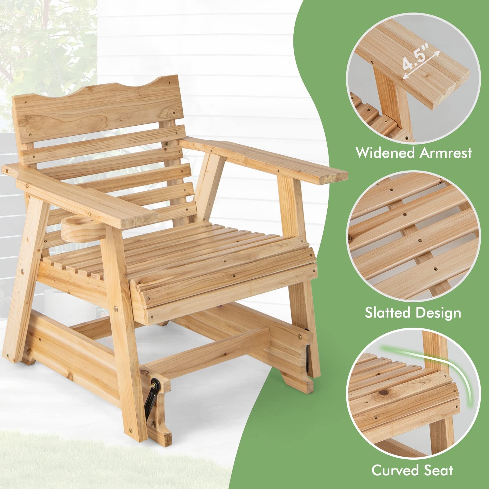 Outdoor Fir Wood Glider Chair, Outdoor Swing Chair with Rotatable Hidden Cup ...