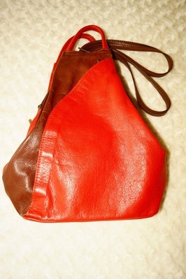 Vera Pelle  Brown / Red 100% Leather Backpack /Crossbody Bag