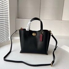 COACH C8869 Willow Tote 24 Polished Pebble Leather Black Gold Turn Lock Snap