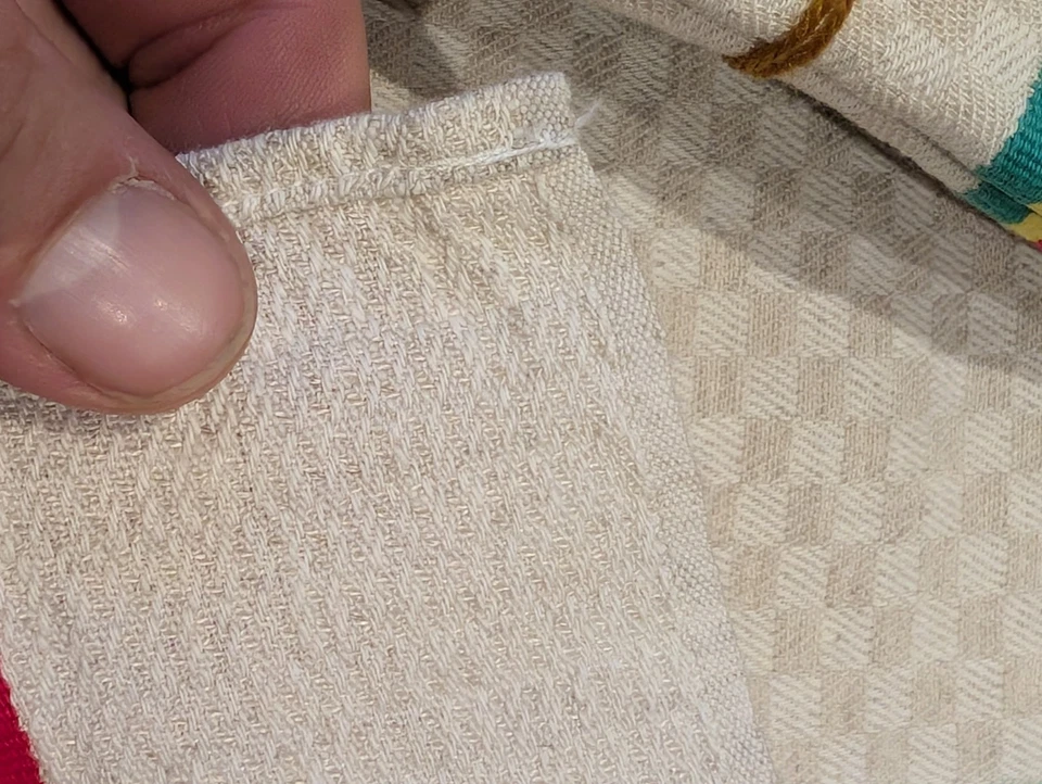 12 torchon ancien en métis ou coton damassé, liteaux rouge jaune et vert vintage - Photo 3/4