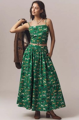 Anthropologie Maeve The Jacie Poplin Dog Print Green Maxi Skirt