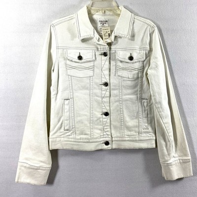 Maurice Jean Jacket Womens Medium Off White Denim Grunge Distress Gray Thread