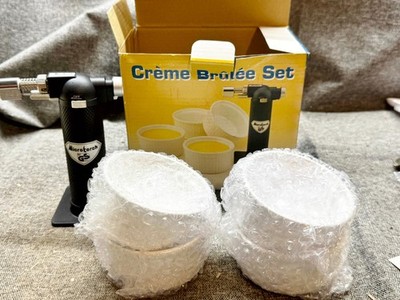 VINTAGE CRÈME BRÛLÉE SET MICROTORCH GS KULINARISCHE FACKEL AUFLAUFFÖRMCHEN KERAMIK KÜCHE