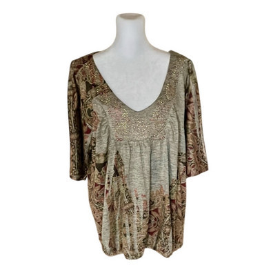Energe World Wear Women's Multicolor Tan Beaded Boho Blouson Top Size 2X