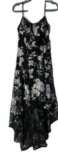 Xscape Dress Size 12 Black Floral Embroidered Mesh Lace Hi Lo Whimsy Fairy