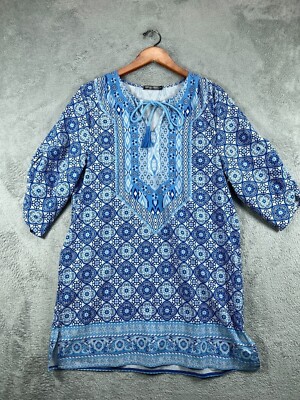 Urban Coco Womens Medium Blue Boho Dress Medallion Tasseled Shift 3/4 Sleeve