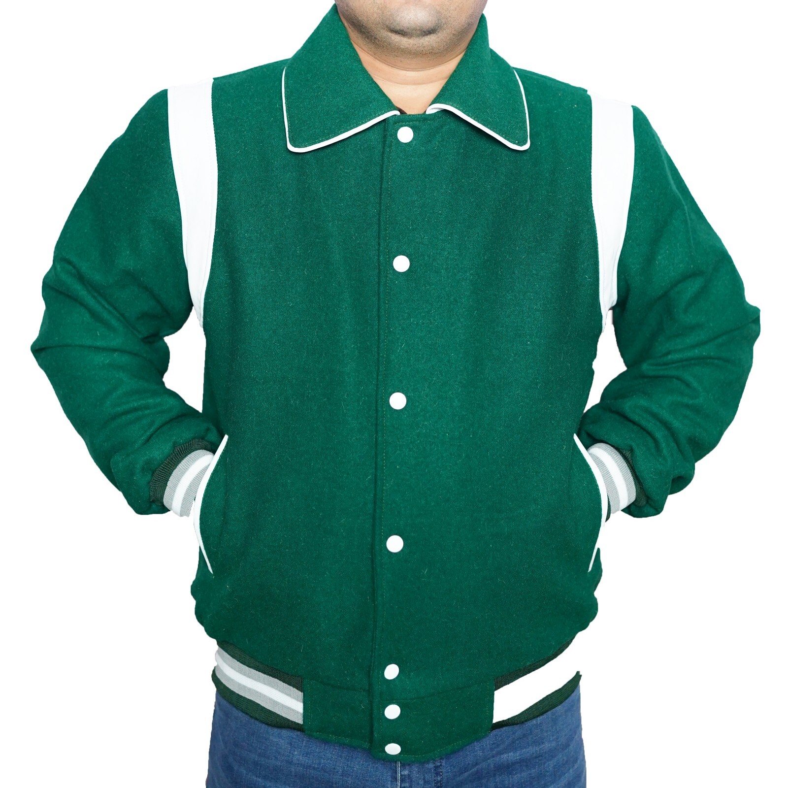 Men's New Letterman Moto Biker Bomber Baseball Sports Green Wool Varsity Jacket