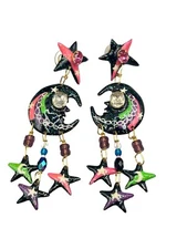 Lunch At The Ritz Celestial Colorful Earrings Stars Moons Enameled Rhinestones