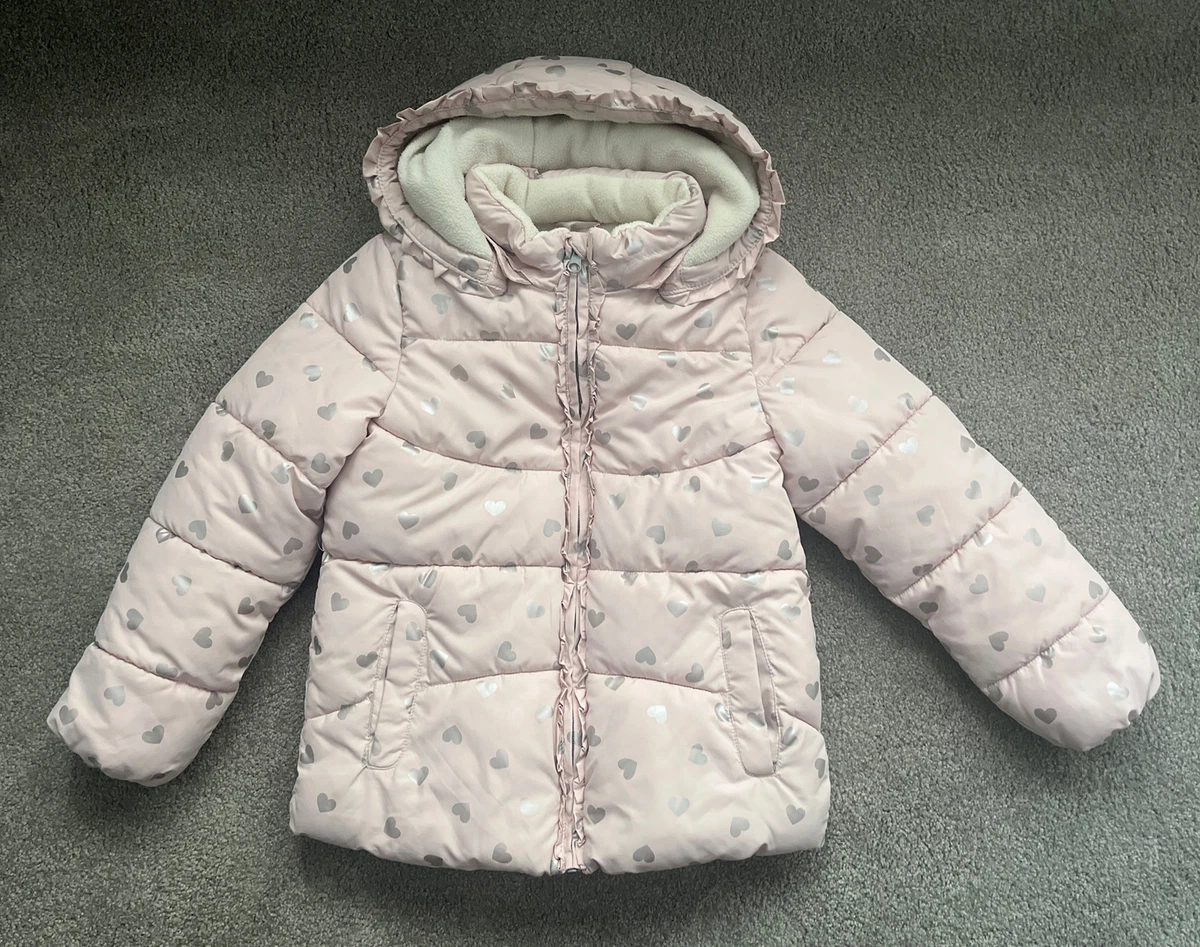 H M Hooded Winter Puffy Coat Jacket Pink Hearts Girls 8 9Y