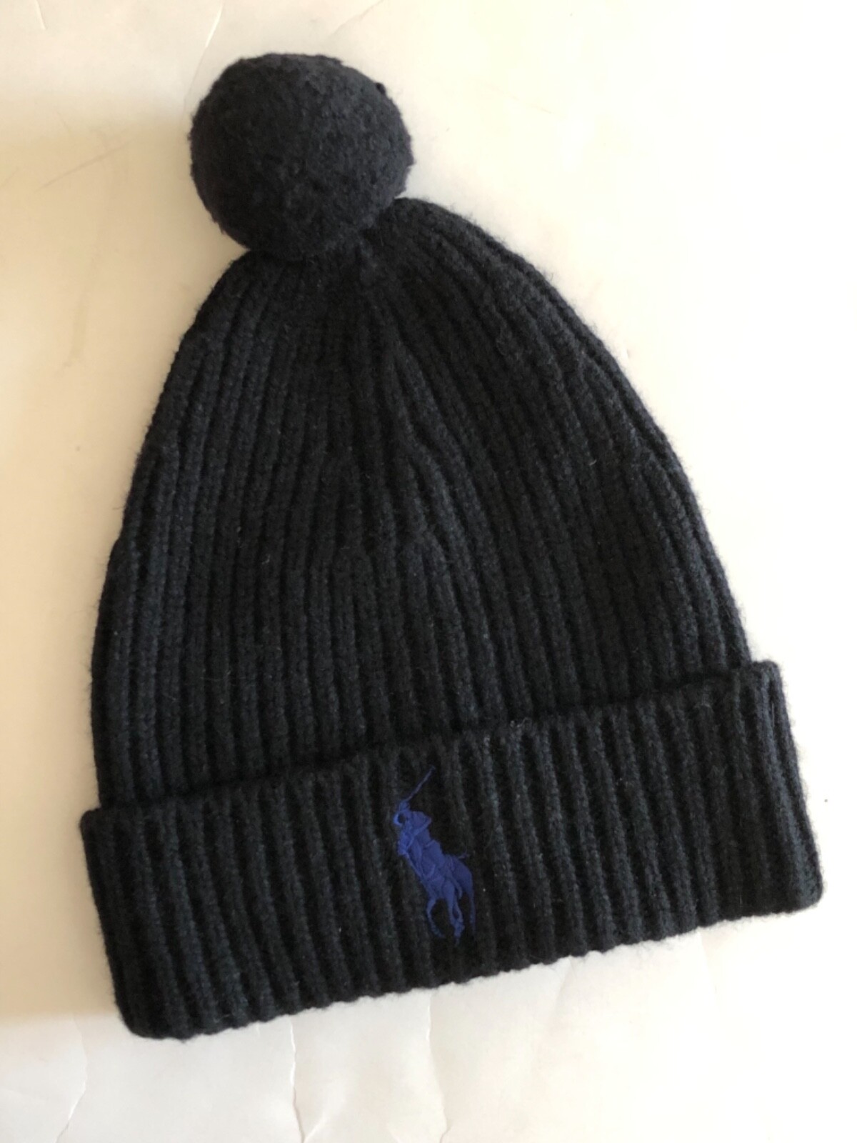 NUOVO Polo Ralph Lauren Big Pony con polsini a costine cappello in maglia Beanie Pom nero lana