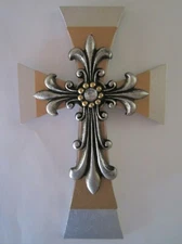 3 LAYER CROSS, SILVER & GOLD PAINTED WOOD -FLEAU DE  LIS CROSS ON TOP 8"X5" NEW