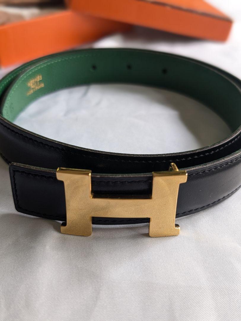 HERMES Black Leather Belt with H Buckle Green Lining 2.5cm 31.5in Japan
