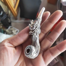 China Collectible Hand-carved Dragon Head Retro Tibetan Silver Tobacco Pipe