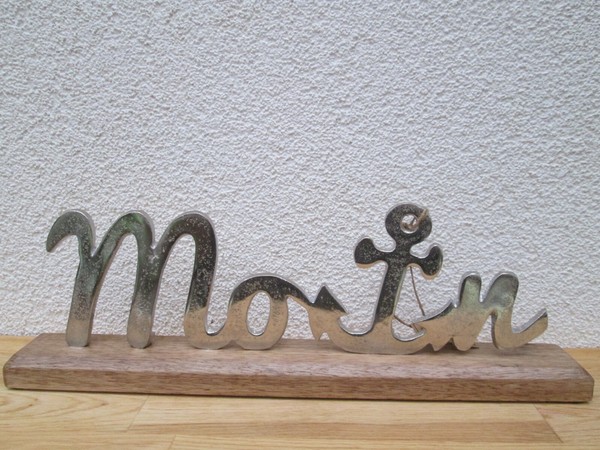Aufsteller Schriftzug Moin Maritim Dekor, Auf Mangoholz Sockel, Aus Metall Deko-image