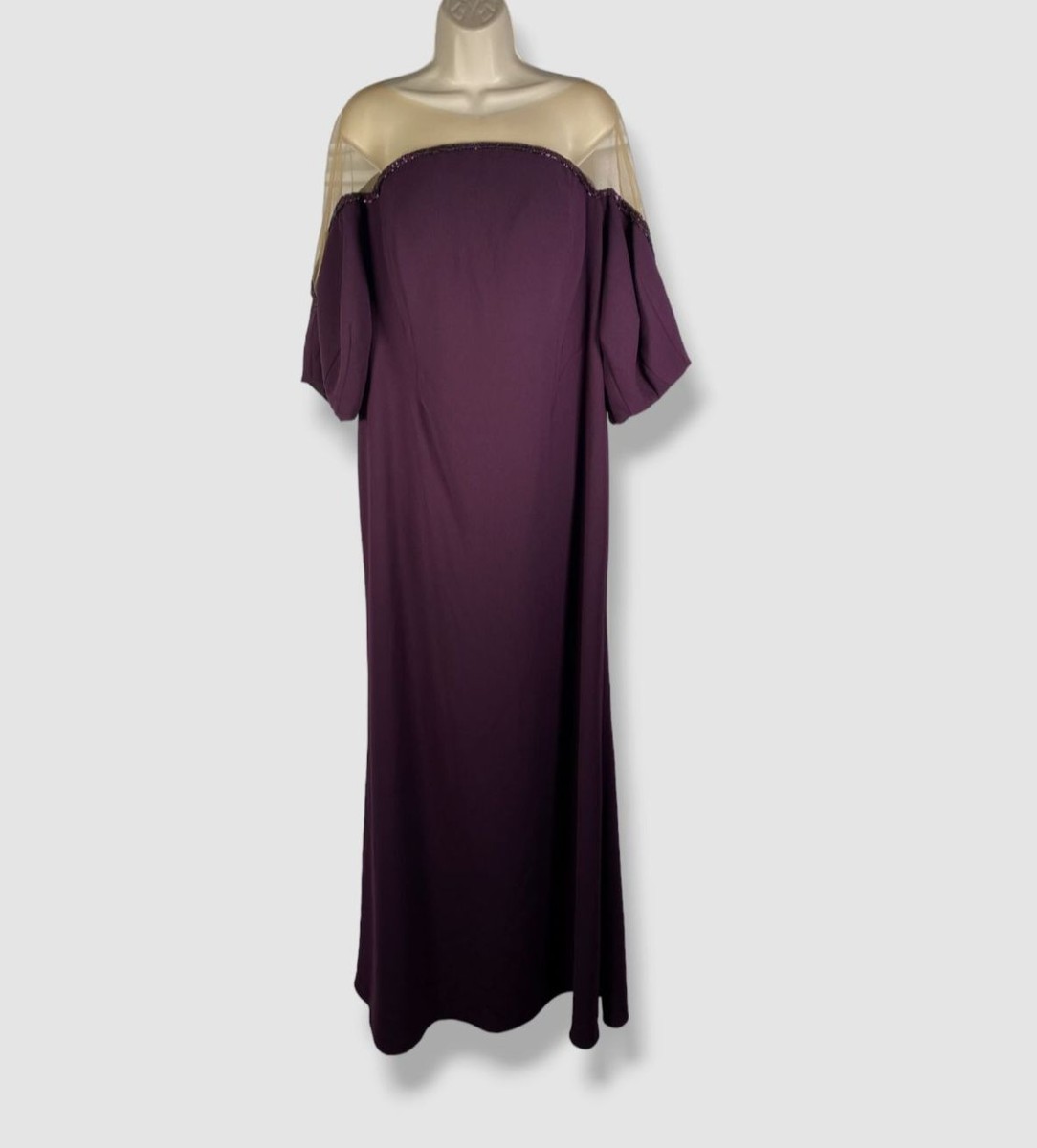 $1295 Rene Ruiz Women's Purple Mesh-Illusion Beaded Crepe Gown Dress Size 10