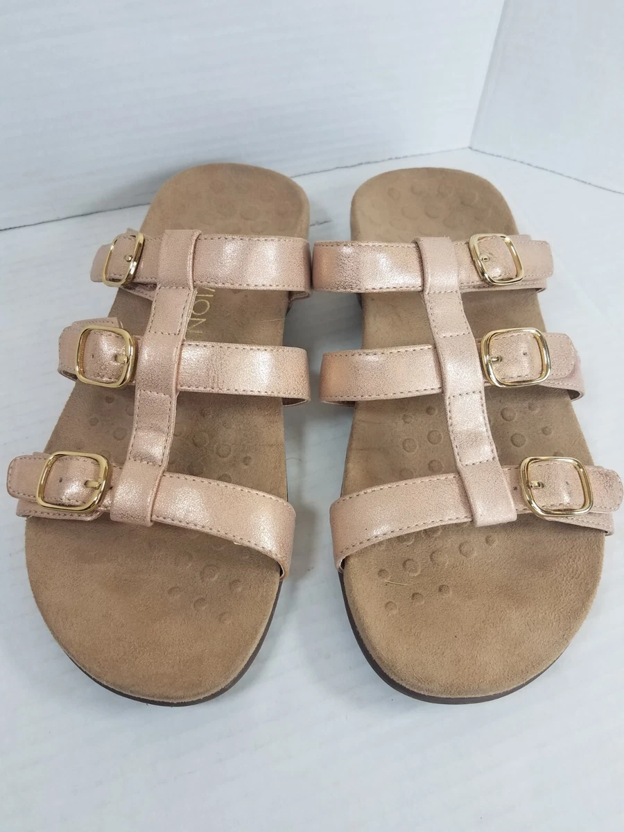 Vionic Women s Size 8 Misa Rose Gold Leather Adjustable 3 Strap Slide Sandals
