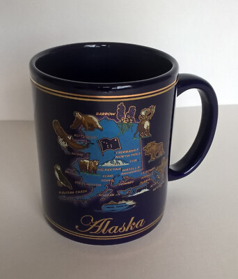 Alaska Map Coffee Mug 4'' Ceramic Deep Blue Gold Tone Souvenir Cup Wildlife Flag