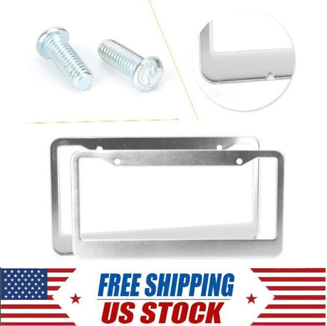 2 x License Plate Frame Tag Cover With Screw Caps US Store Stainless Steel Metal