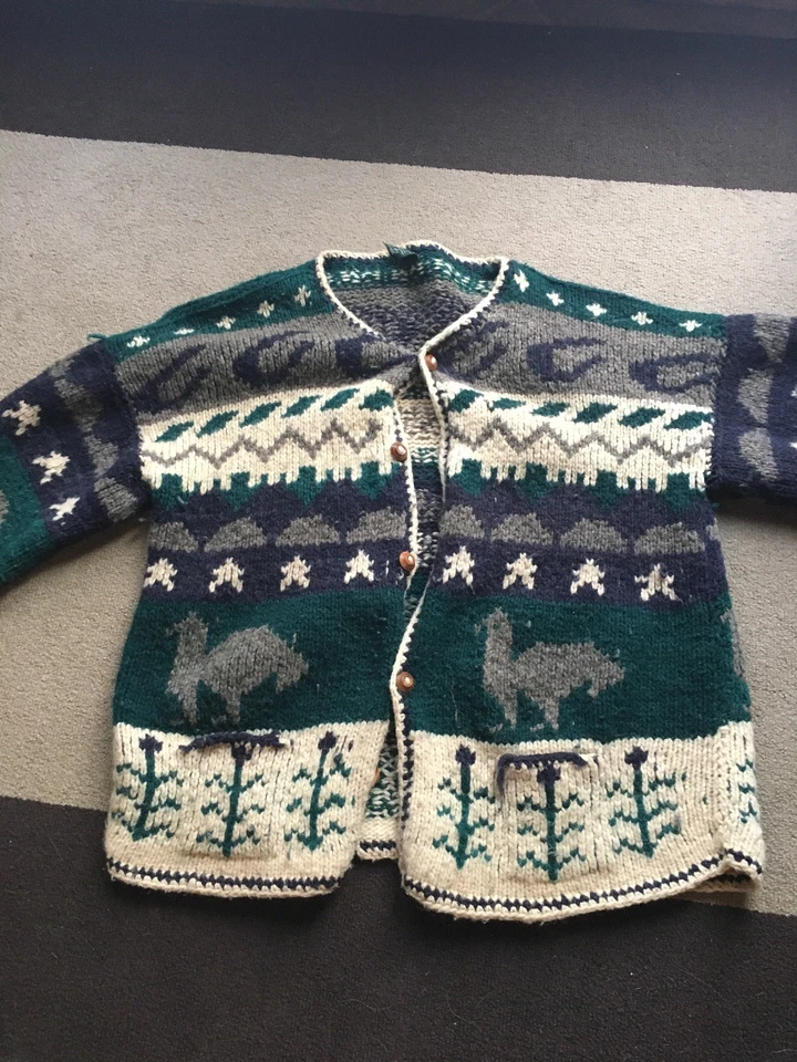 Suéter de lana real tejido a mano vintage para hombre talla XL - verde, crema, gris Foto 2 de 4