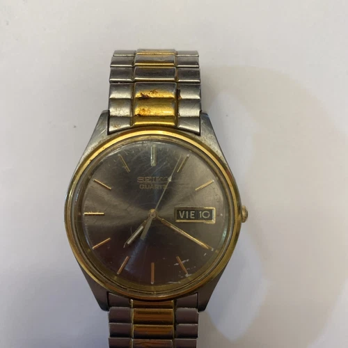 Vintage Seiko Watch Men Silver Gold Tone Day Date 7N43-8A39