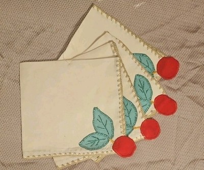 4 Vintage Napkins Hand Applique Cheeries  12x12''