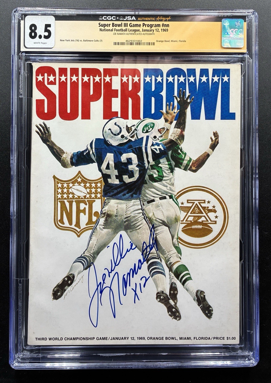 Joe Namath Autographed Signed Joe Willie Namath JSA CGC 8.5 1969 Super Bowl III Program Football POP 1 