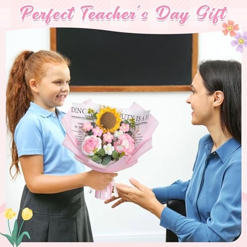 MEIVINES Handmade Crochet Flowers Bouquet,knitted Sunflower-Pink