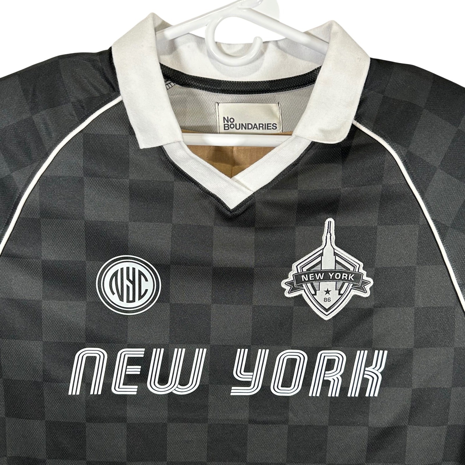 No Boundaries Mens 2XL Black Mesh Soccer Jersey New York Checkerboard New