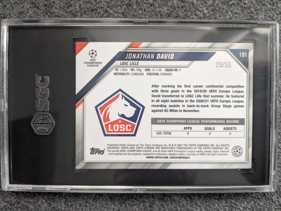 2021-22 TOPPS CHROME UEFA JONATHAN DAVID GOLD MINI-DIAMOND ROOKIE#D/50 SGC 9.5 - Image 2 of 2