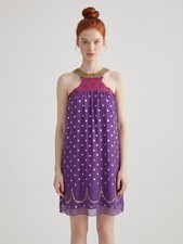 Vintage Max Studio Purple Polka Dot Halter Dress with Gold Sequin Trim. Boho. S