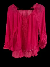Counterparts Women L Crinkle Tunic Blouse Boho Ruffle Crochet HOT PINK NEW $48