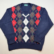 VTG Alan Paine Mens 46 XL Argyle Lambs Wool Sweater Navy Blue V-Neck EUC