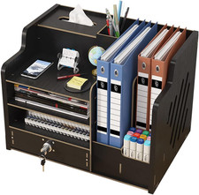 Wooden Desktop Organiser with Drawer A4 Paper File Rack Home Office Black