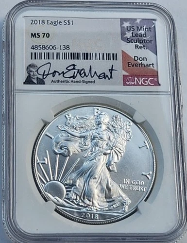 2018 Silver Eagle NGC MS70 Flag Label Don Everhart Signed ASE