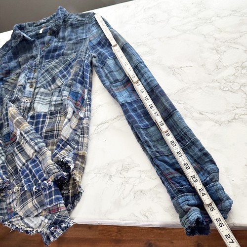 Free People Lost in Plaid Ombre Cotton Patchwork Blue Button Down Shirt Size XS - Afbeelding 9 van 10