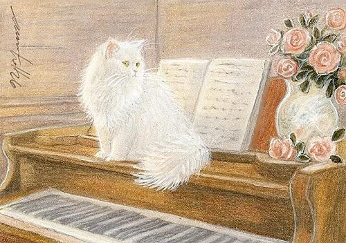 ACEO orig. pastel drawing white cat on the piano, roses by Anna Hoff Germany