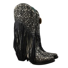 Corral Lamb Overlay Embroidery Fringe Western Boots Womens 8 White Black NEW NIB
