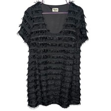 Show Me Your Mumu Demi Fuzzy Fringe Mini Short Sleeve Black Dress Sz M